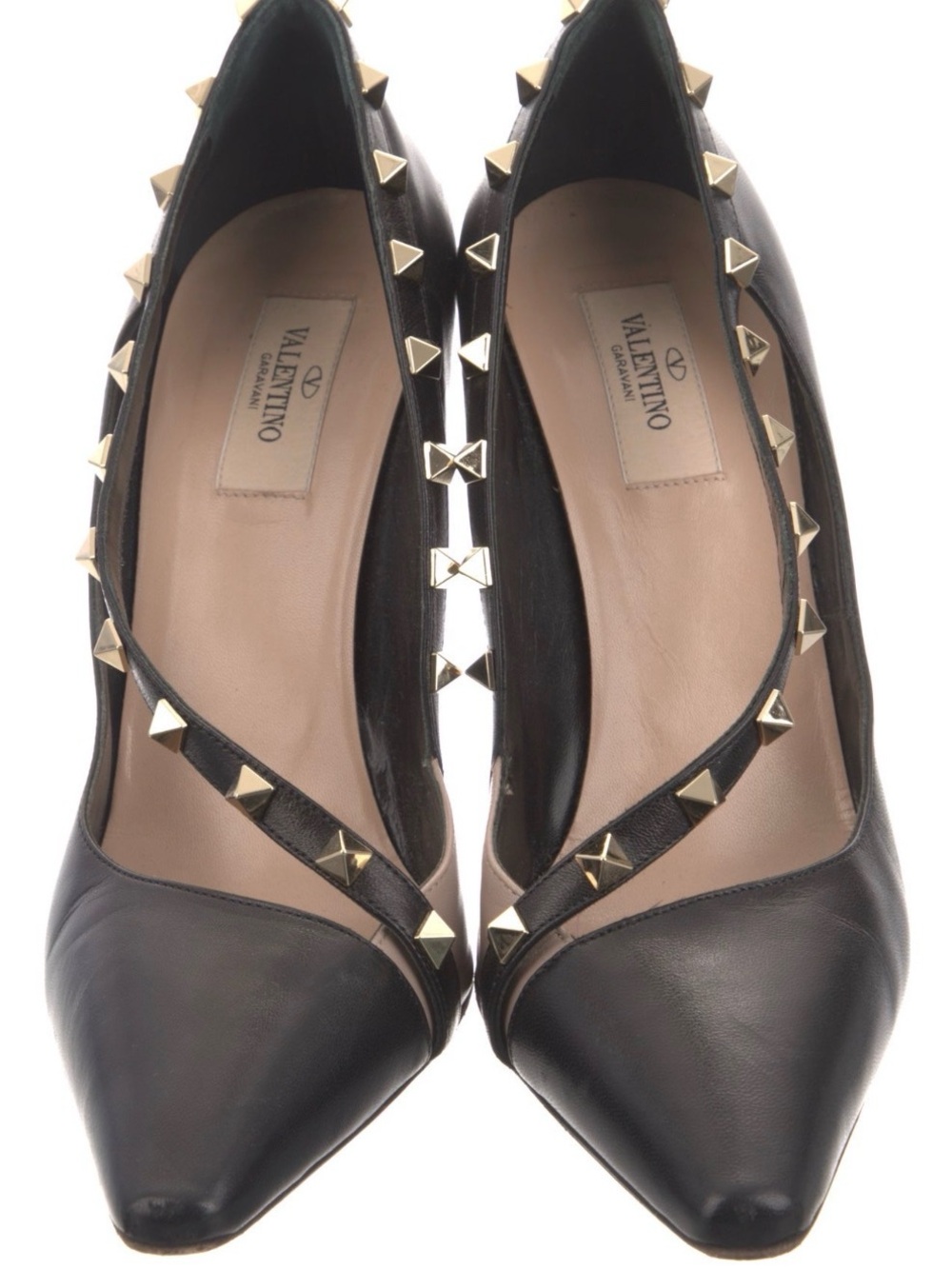 Valentino Black Leather Rockstud Pointed Pumps with Gold Studs